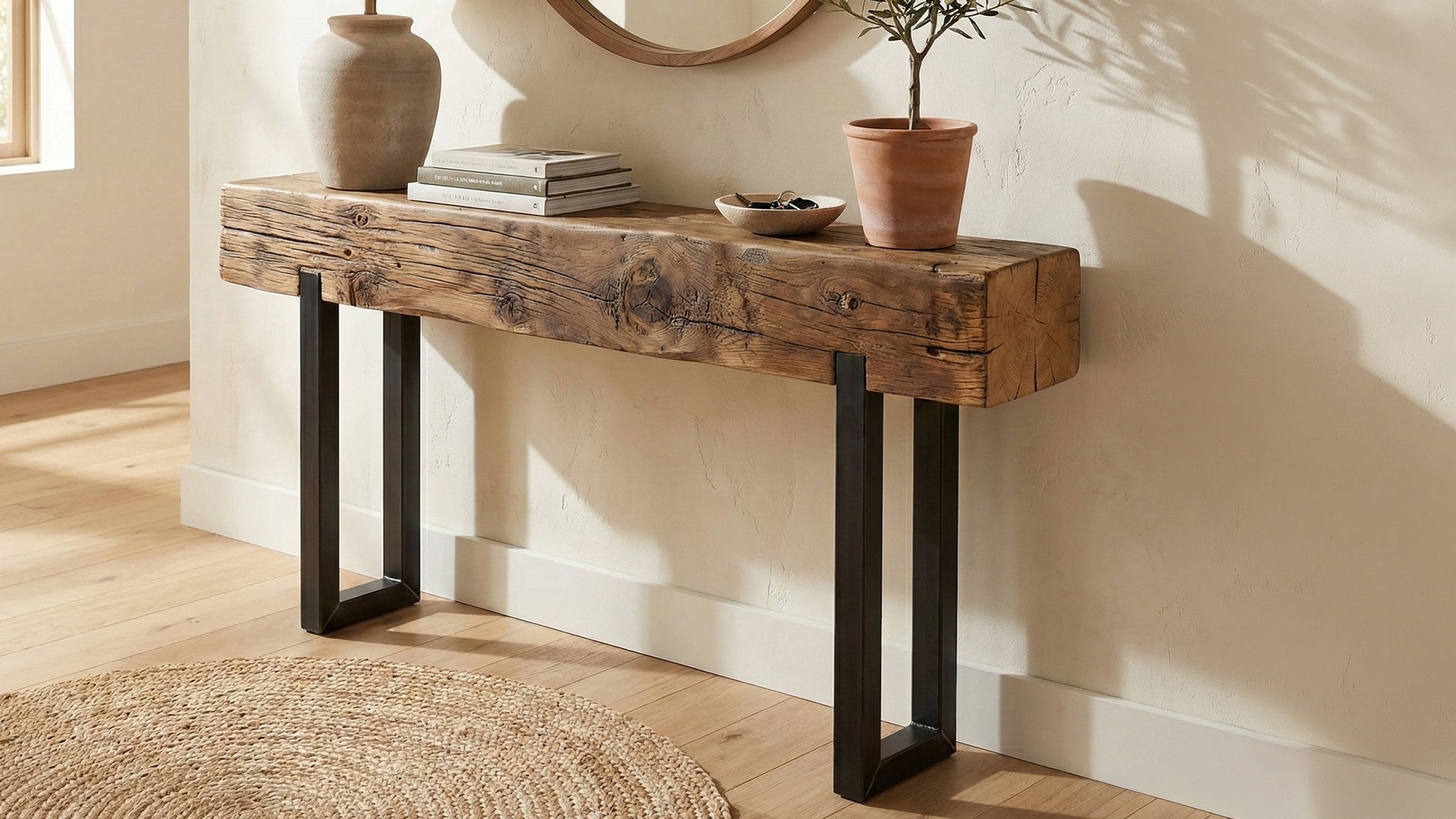 wood beam console table with decorative items in a room with light wood flooring and a neutral wall.