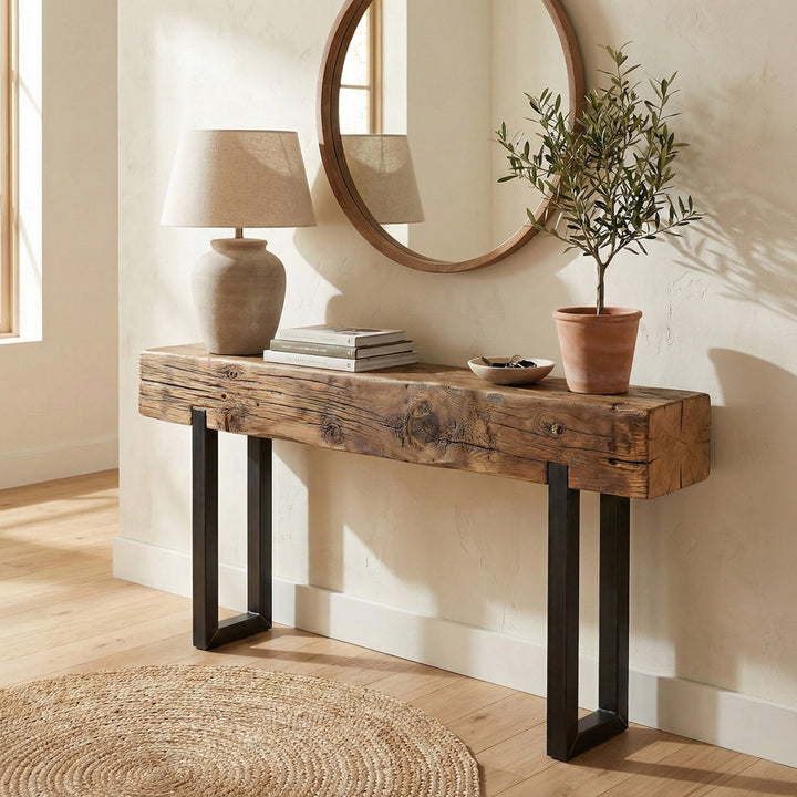 Reclaimed Beam Console Table with Steel Base