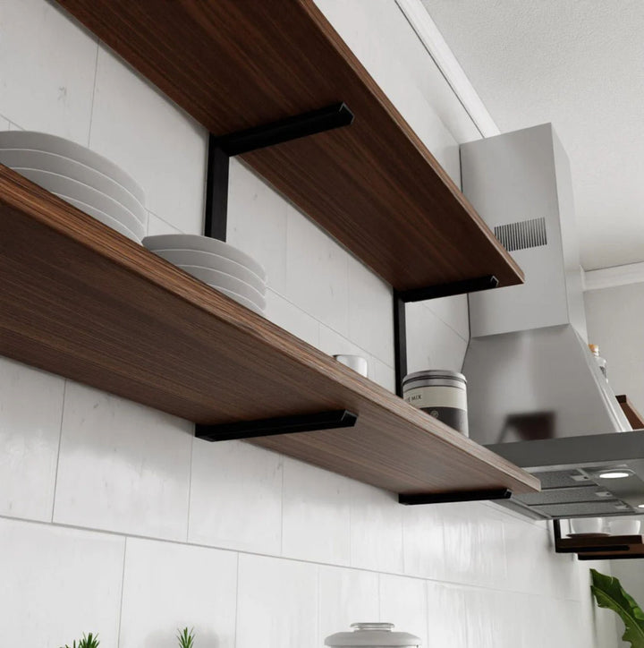 Up close look at the 2-shelf floating shelving unit. Wall-mounted shelves for storage and display. Black walnut floating shelves and black steel brackets. 