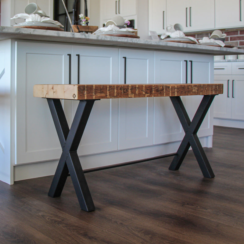 rustic counter Wood bench with black metal legs in a kitchen setting