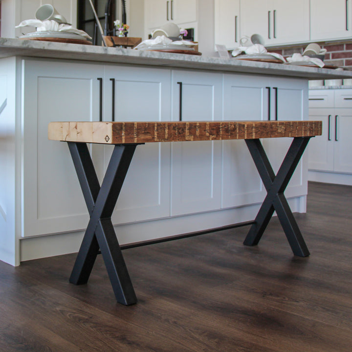 rustic counter Wood bench with black metal legs in a kitchen setting