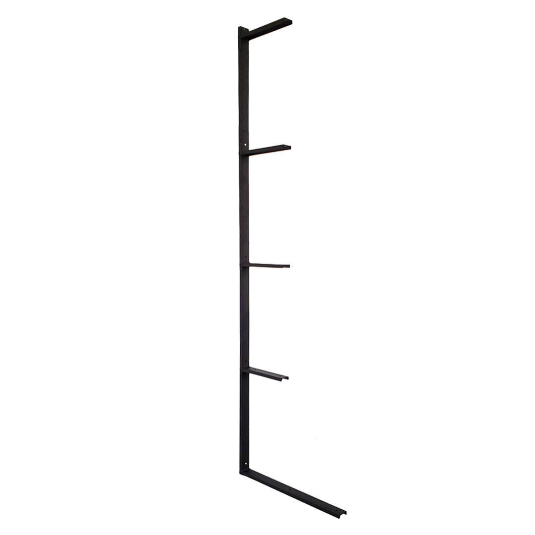 Heavy-duty steel wall-mounted desk bracket with integrated shelving supports, black powder-coated finish, handcrafted in the USA