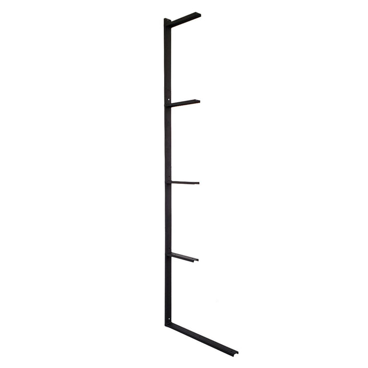 Heavy-duty steel wall-mounted desk bracket with integrated shelving supports, black powder-coated finish, handcrafted in the USA