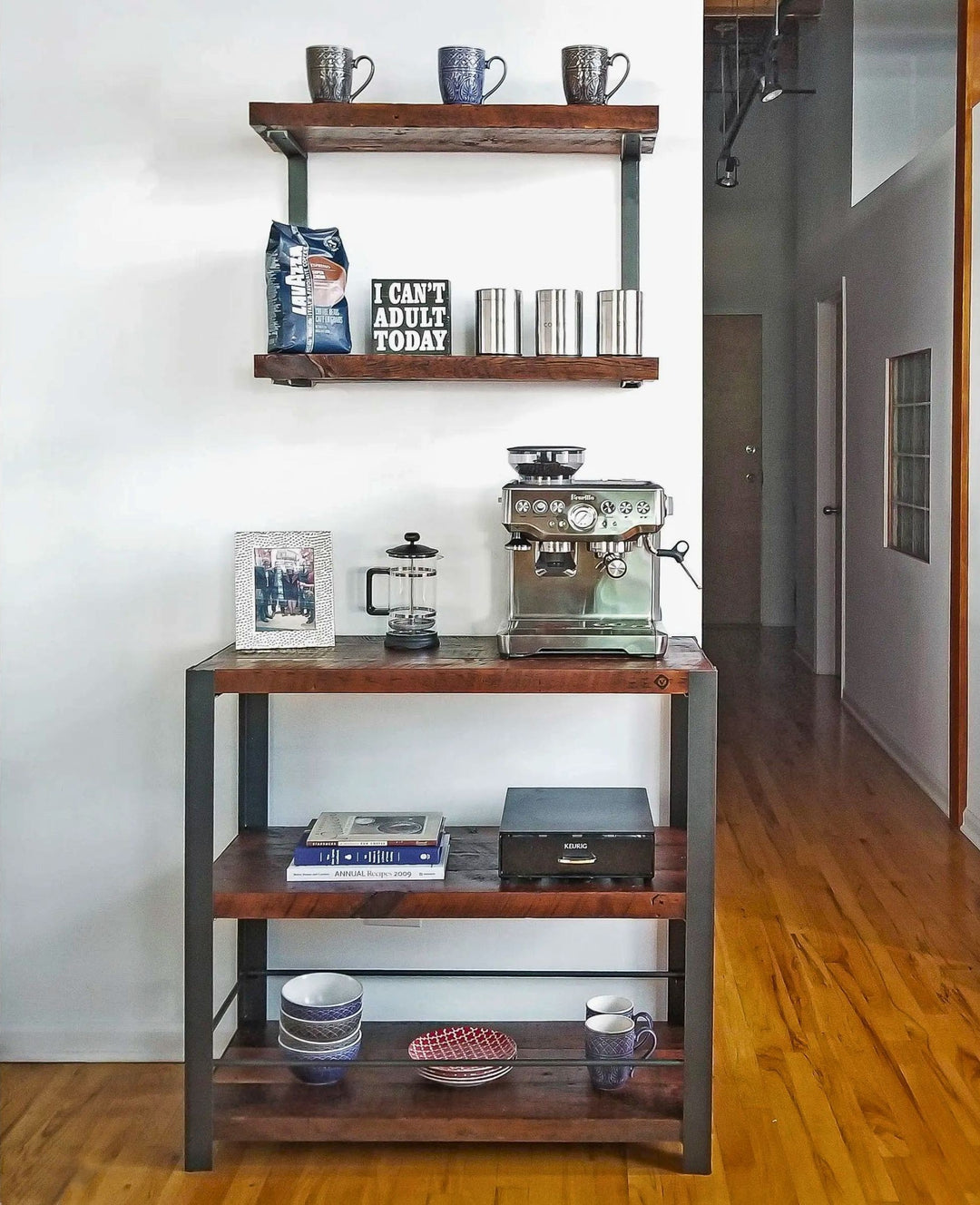 Made in the usa floating shelves for a coffee station. Reclaimed pine and steel bracket heavy duty wall mounted shelves