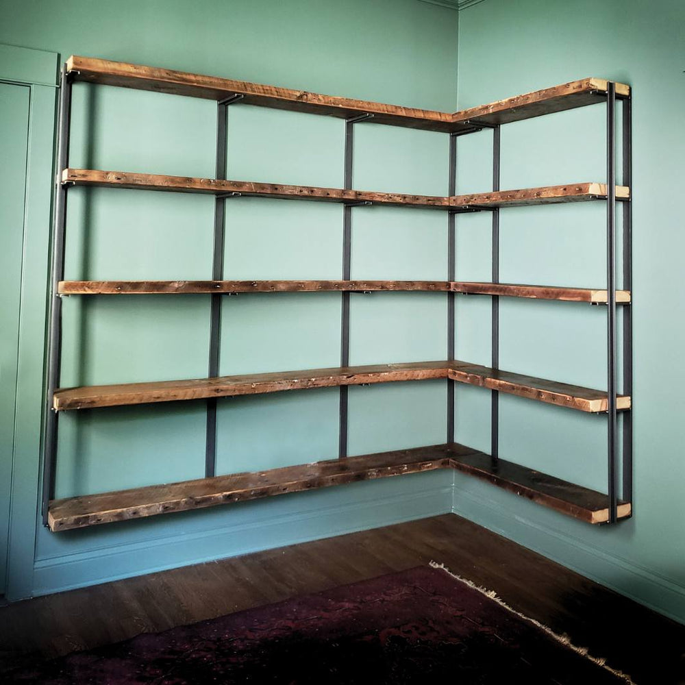 Heavy-duty solid reclaimed pine wood shelves, wall-mounted wood corner shelf with steel bookend brackets.