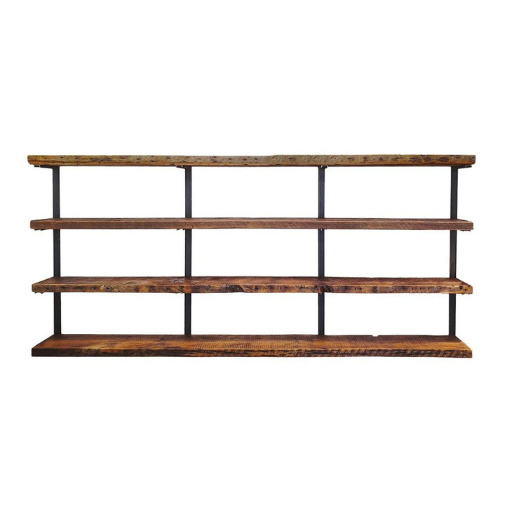 heavy duty floating 4 shelf unit. Wall mounted bookshelves with steel brackets. Solid reclaimed pine and black steel brackets.