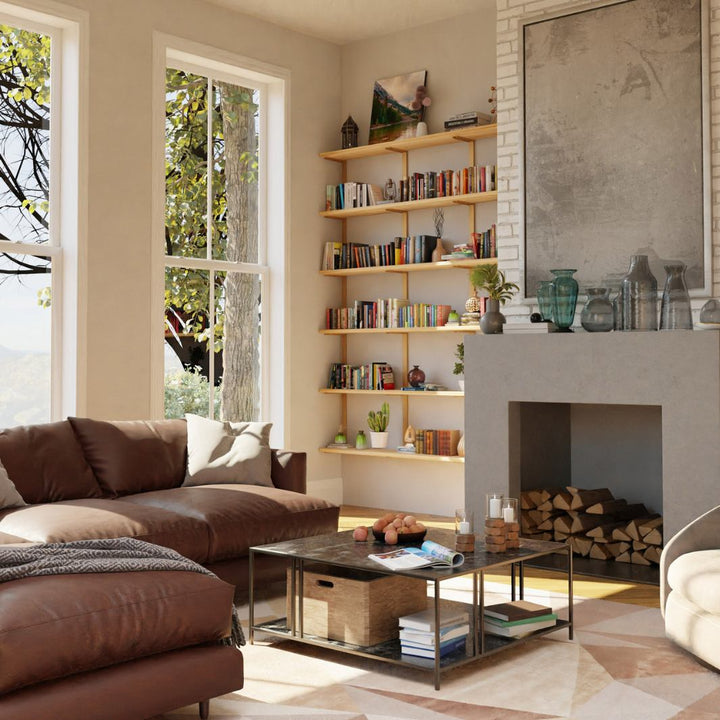 Large heavy duty solid ash wood and brass steel wall-mounted shelving unit for living room for storage and display. 