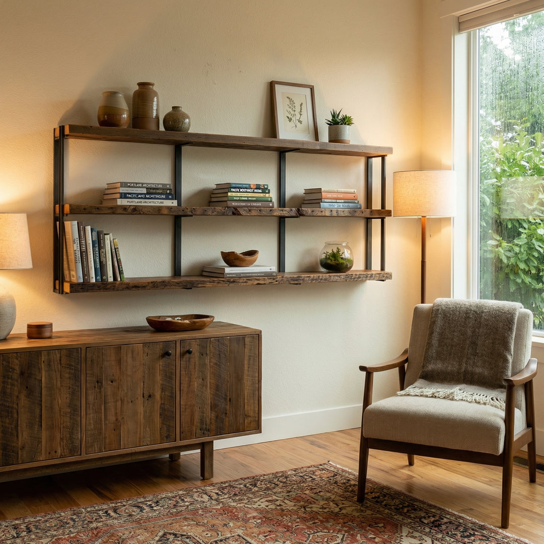 Cozy living room with floating shelves hat offer storage and book display. Reclaimed pine wall mounted shelving and steel brackets. 