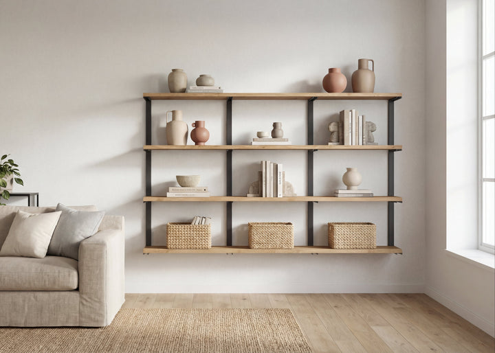 Solid ash wall-mounted wooden shelves with decorative items in a living room setting. Featuring heavy-duty steel brackets. 