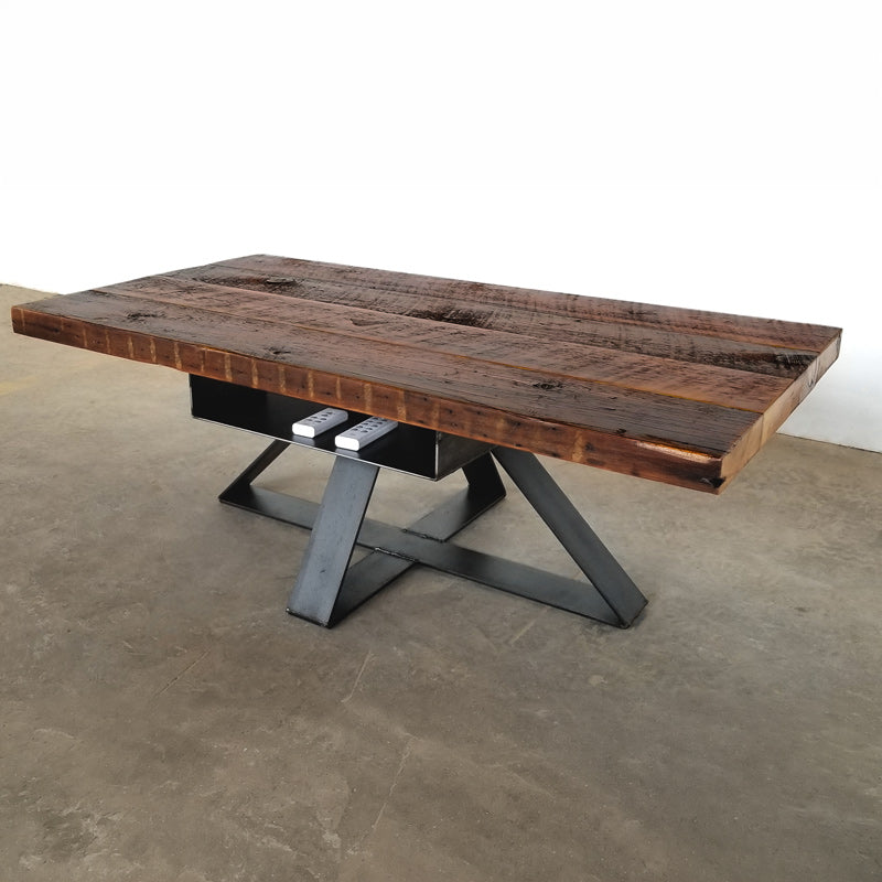 modern industrial coffee table with reclaimed wood top and steel base by Vault Furniture