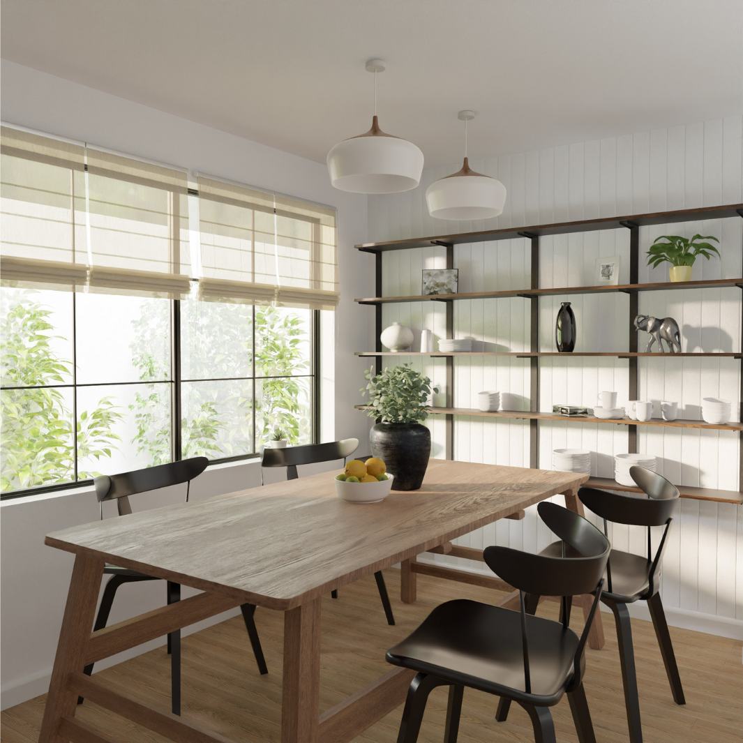 Modern dining room with large heavy duty all mounted shelving unit and display shelves. 
