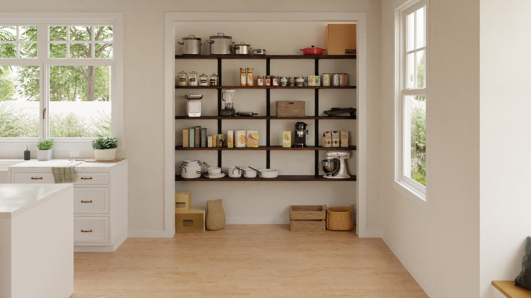 custom pantry shelves in large traditional kitchen. heavy duty shelf brackets with solid wood shelves. black metal brackets and black walnut shelves are mounted in open closet in kitchen. holding mixer, pots, pans, food items. kitchen has white inset cabinetry with open windows. 