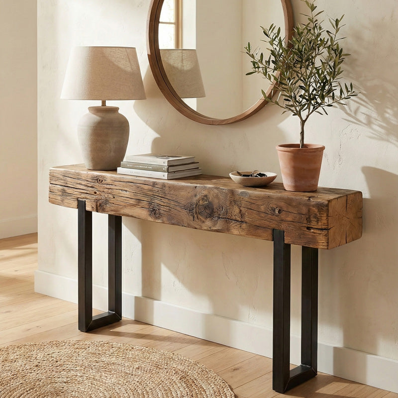 wood beam console table with lamp, books, and plant against a beige wall.