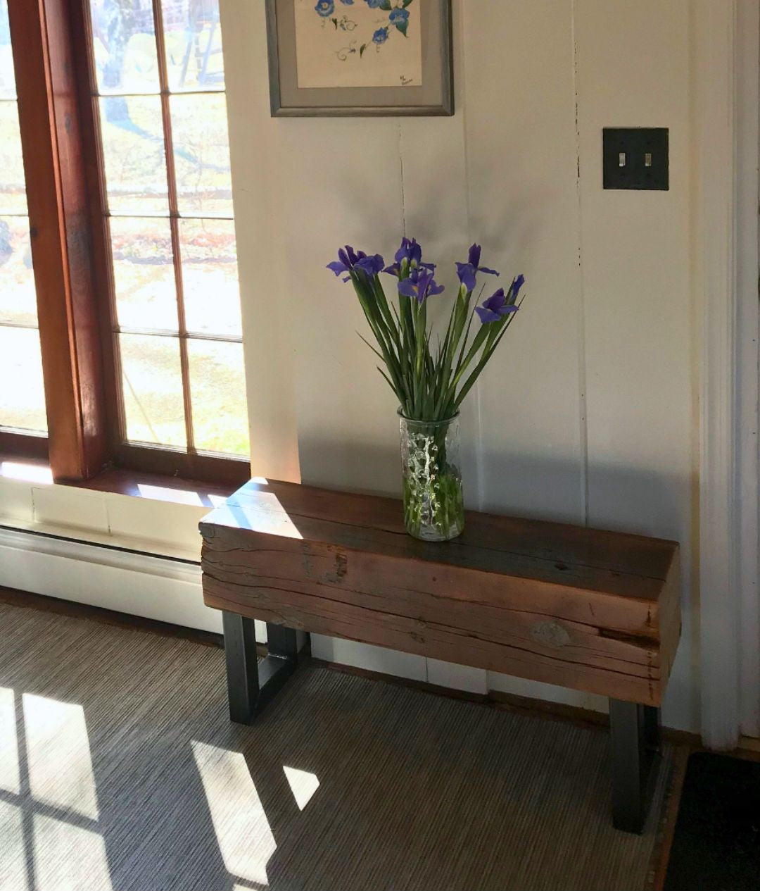 Reclaimed Beam Bench with Square Steel Legs