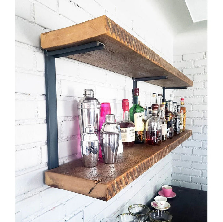 Wall Mount bar shelf 20 inch reclaimed pine wood shelves and steel brackets. Made in USA by Vault Furniture