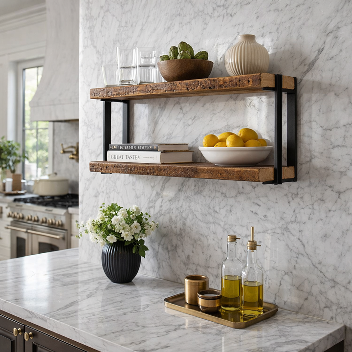 Modern luxe kitchen with floating wood shelves for display and storage. Reclaimed pine and heavy-duty steel brackets. 