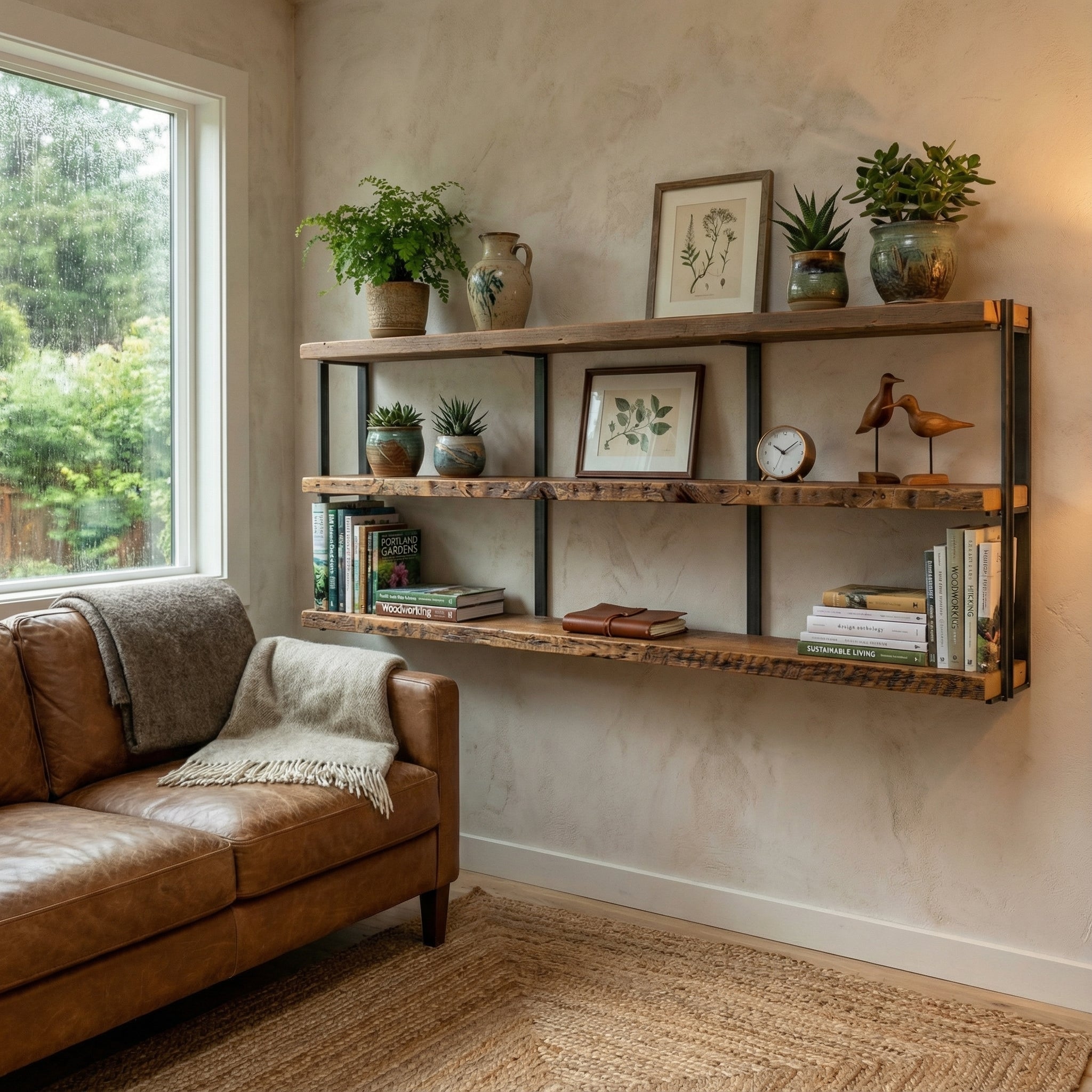 wall mounted solid wood shelves with steel brackets, and decorative items in living room