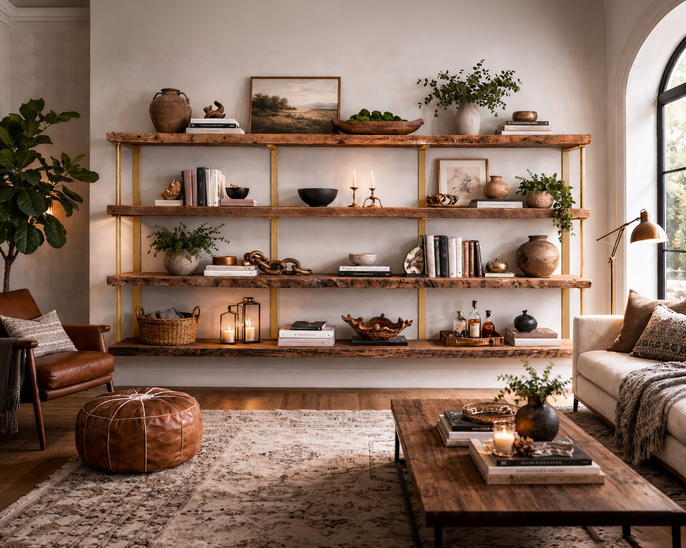 rustic wood walll mounted shelves with brass shelf brackets in cozy bohemian living room.
