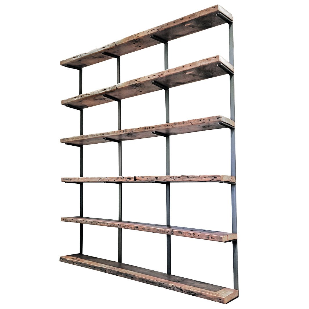 tall bookshelf 6 tier reclaimed wood and steel brackets. 72"L x 89.5"H Vault Furniture