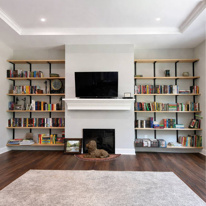 Floor to ceiling heavy duty wall mounted bookshelves solid wood and steel floating shelving unit