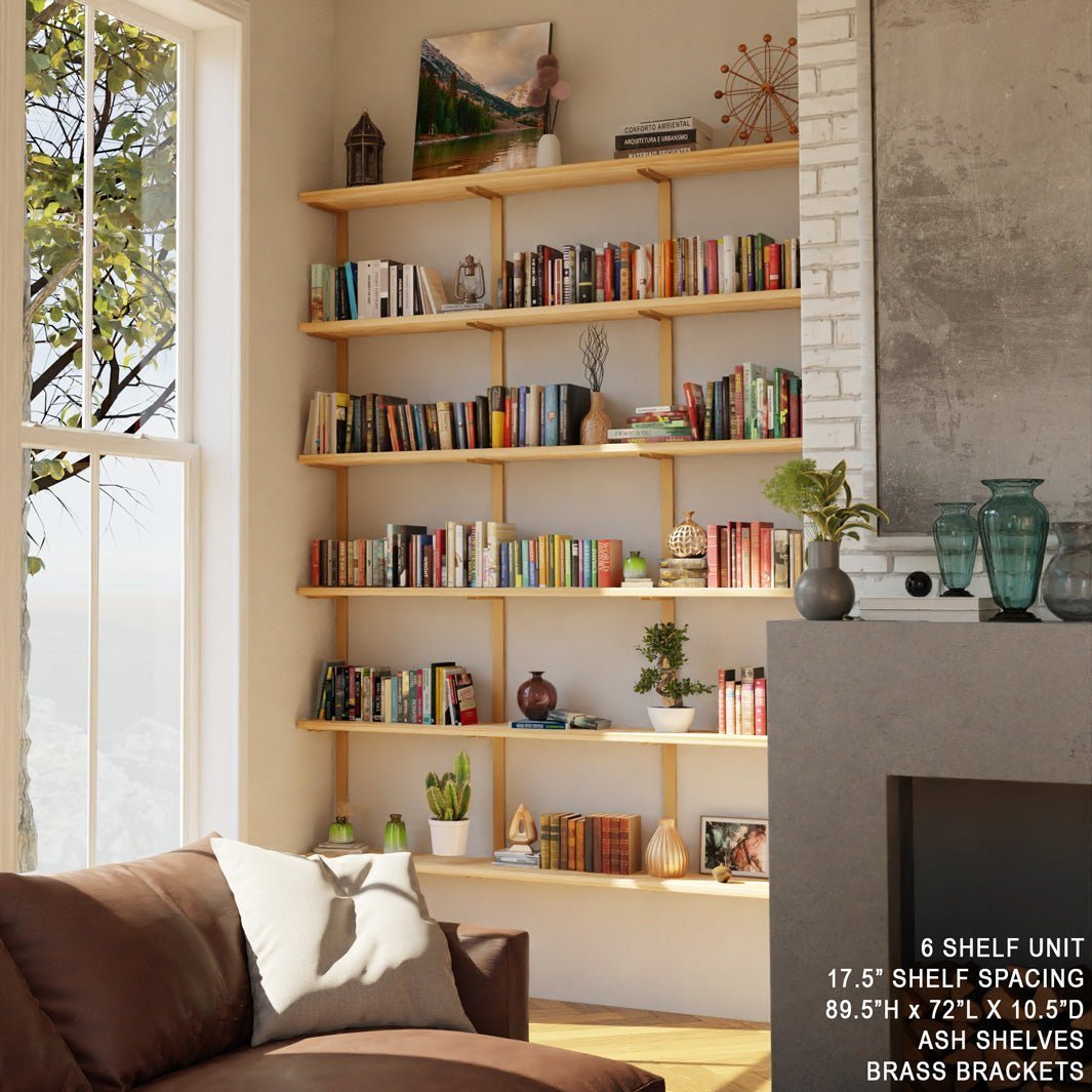 wall mounted 6 shelf Bookcase, 72"x89.5 Ash and steel bracket, brass Low VOC finish. Handmade in USA by Vault Furniture