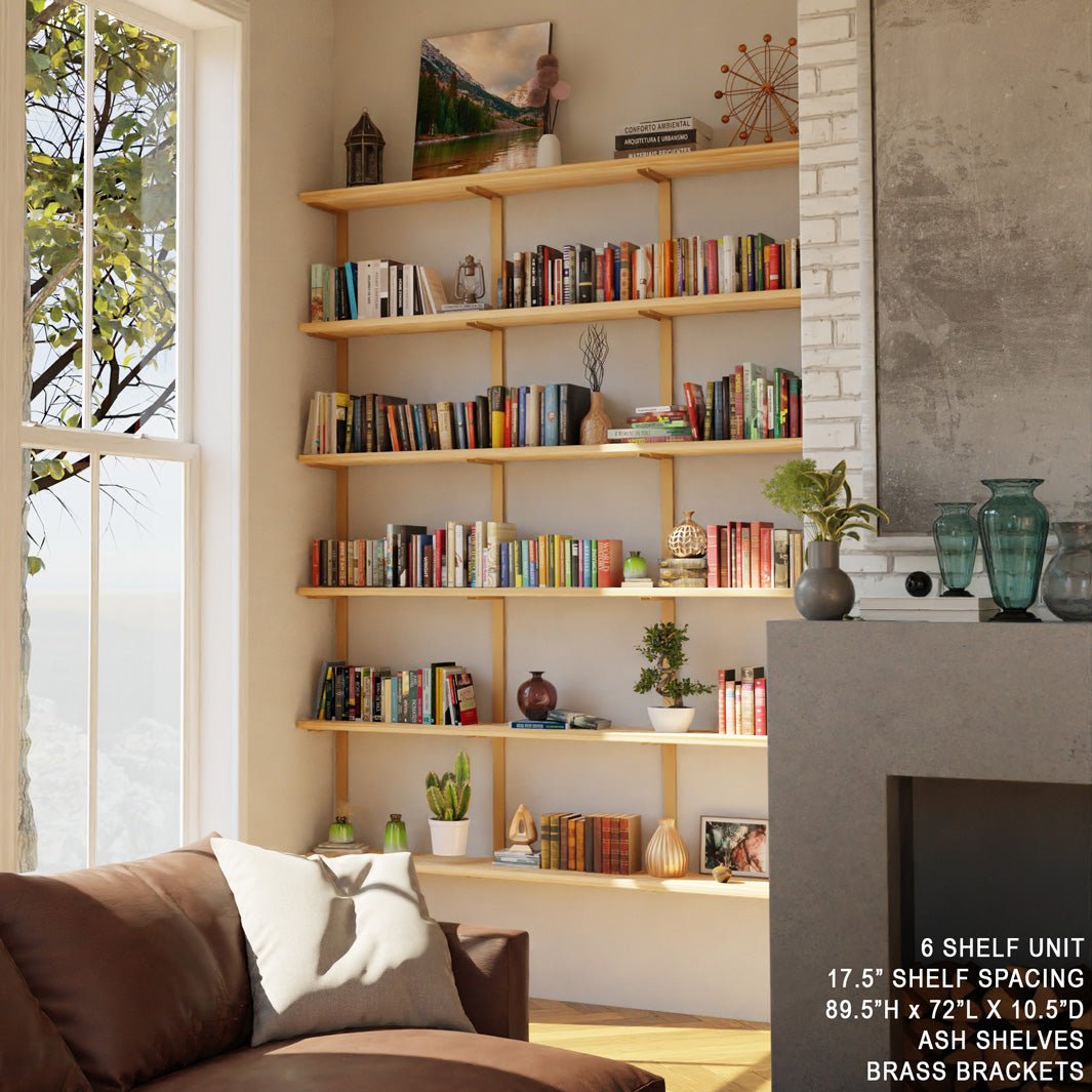 Wall Mounted Shelving Unit: 6 Shelf with Bookends 72"H