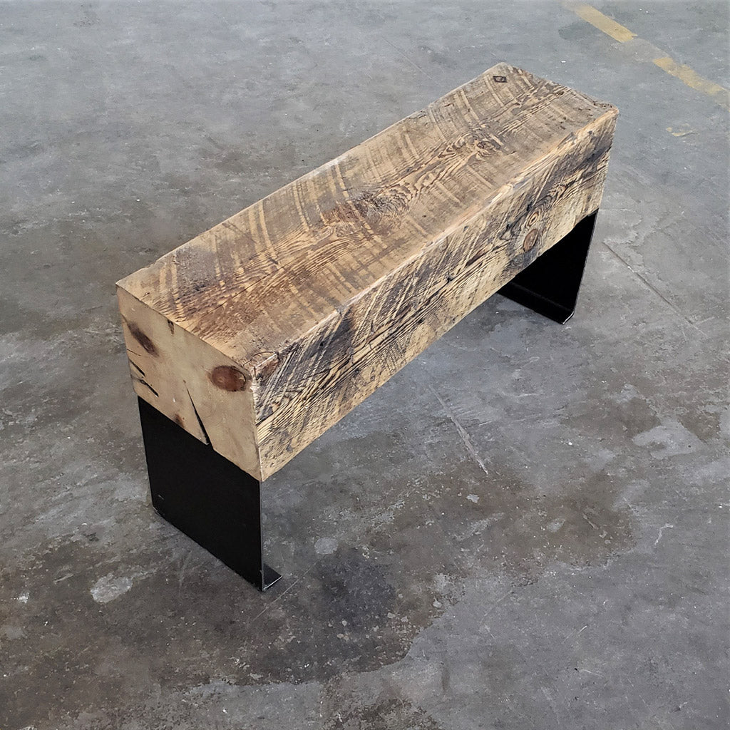 Unique beam bench with steel channel legs by Vault Furniture