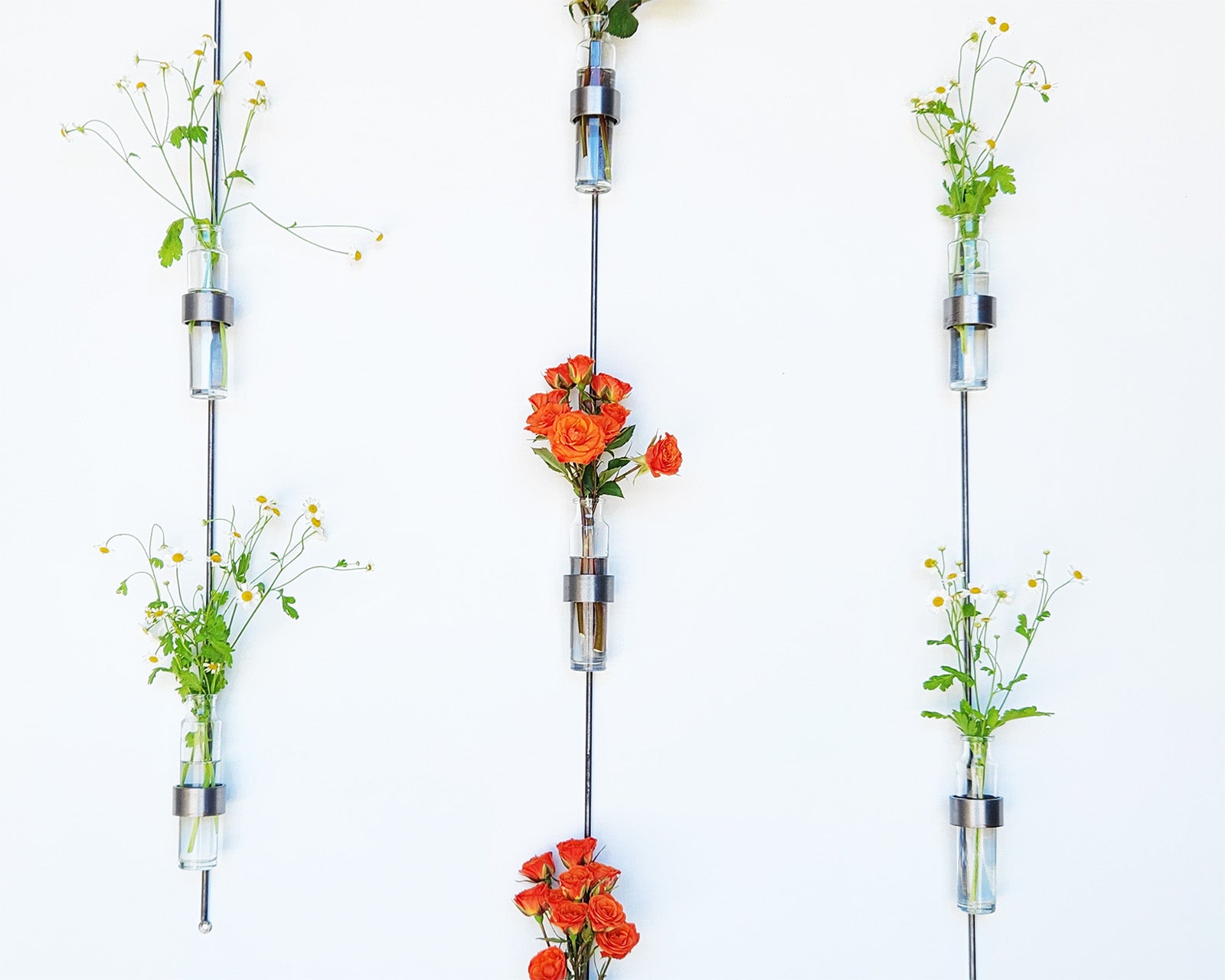 flowers in vertical wall-mounted glass vase with steel holder on white background