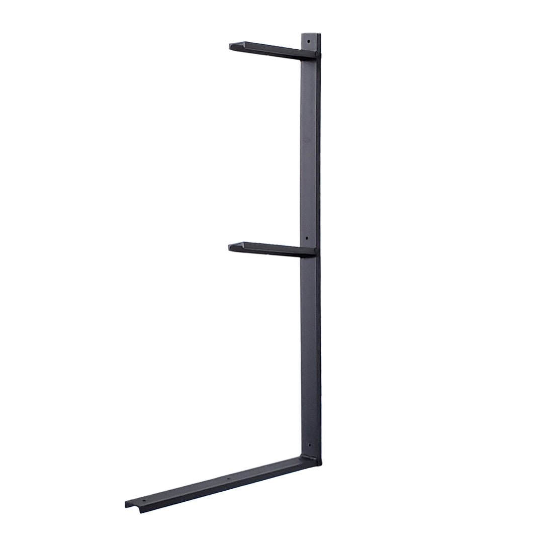 Vertical heavy-duty steel wall-mounted desk bracket with multiple shelf supports, matte black powder-coated steel, modern industrial design