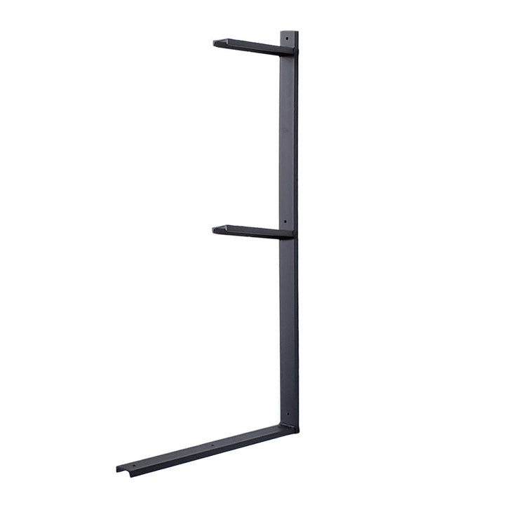 Vertical heavy-duty steel wall-mounted desk bracket with multiple shelf supports, matte black powder-coated steel, modern industrial design