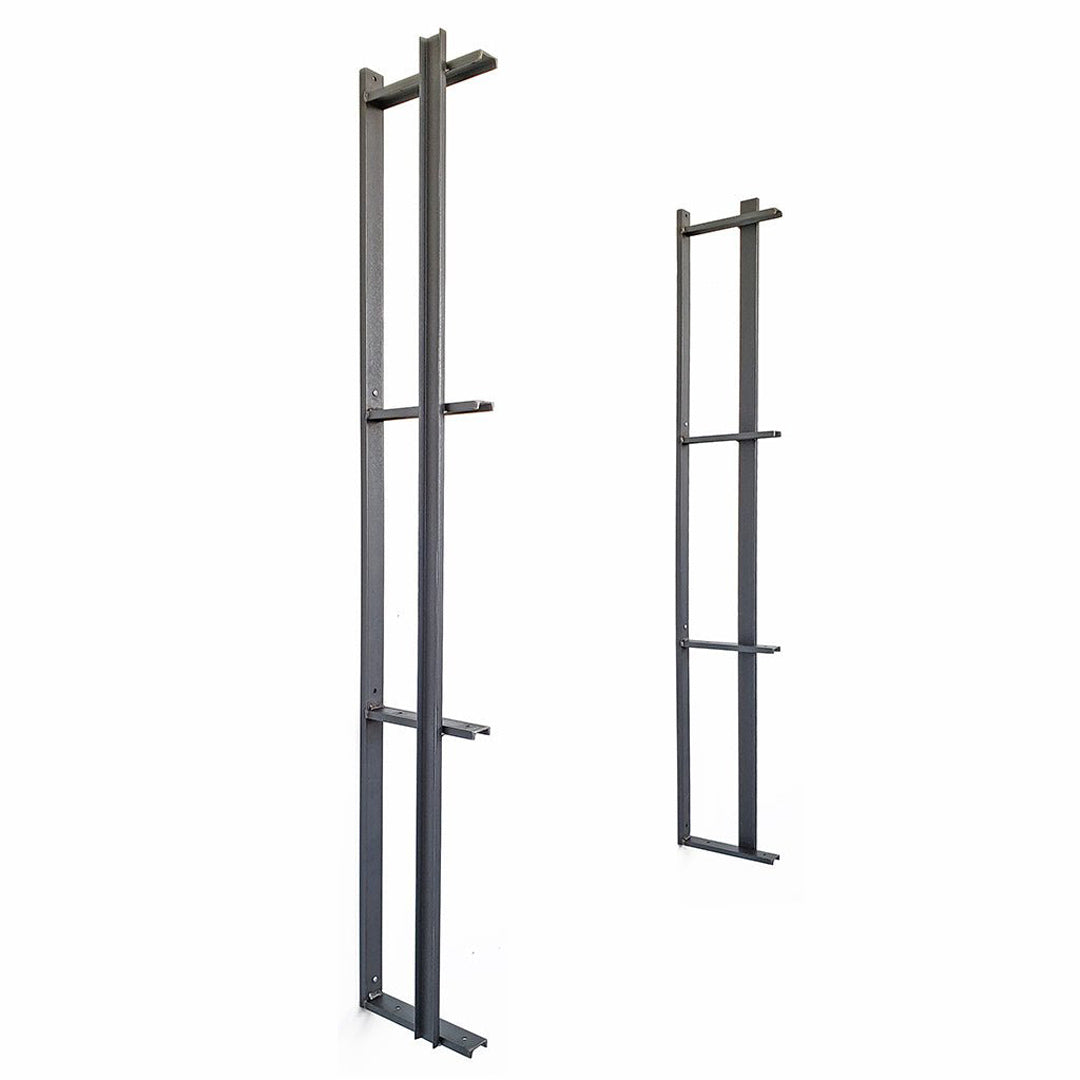 tall wall mounted bookshelf brackets with bookend detail. Four shelf bracket handmade in USA from American steel channel and clear powder coat finish. Heavy duty wall brackets sold in sets of two by vault furniture. 