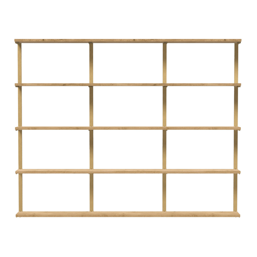 solid wood floating bookshelf with brass shelf brackets on white background by Vault Furniture
