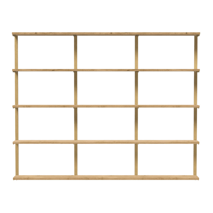 solid wood floating bookshelf with brass shelf brackets on white background by Vault Furniture
