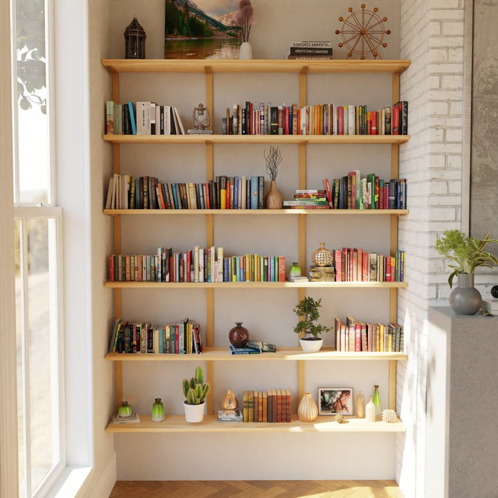 Tall wall mounted bookshelf with solid wood shelves and steel brackets