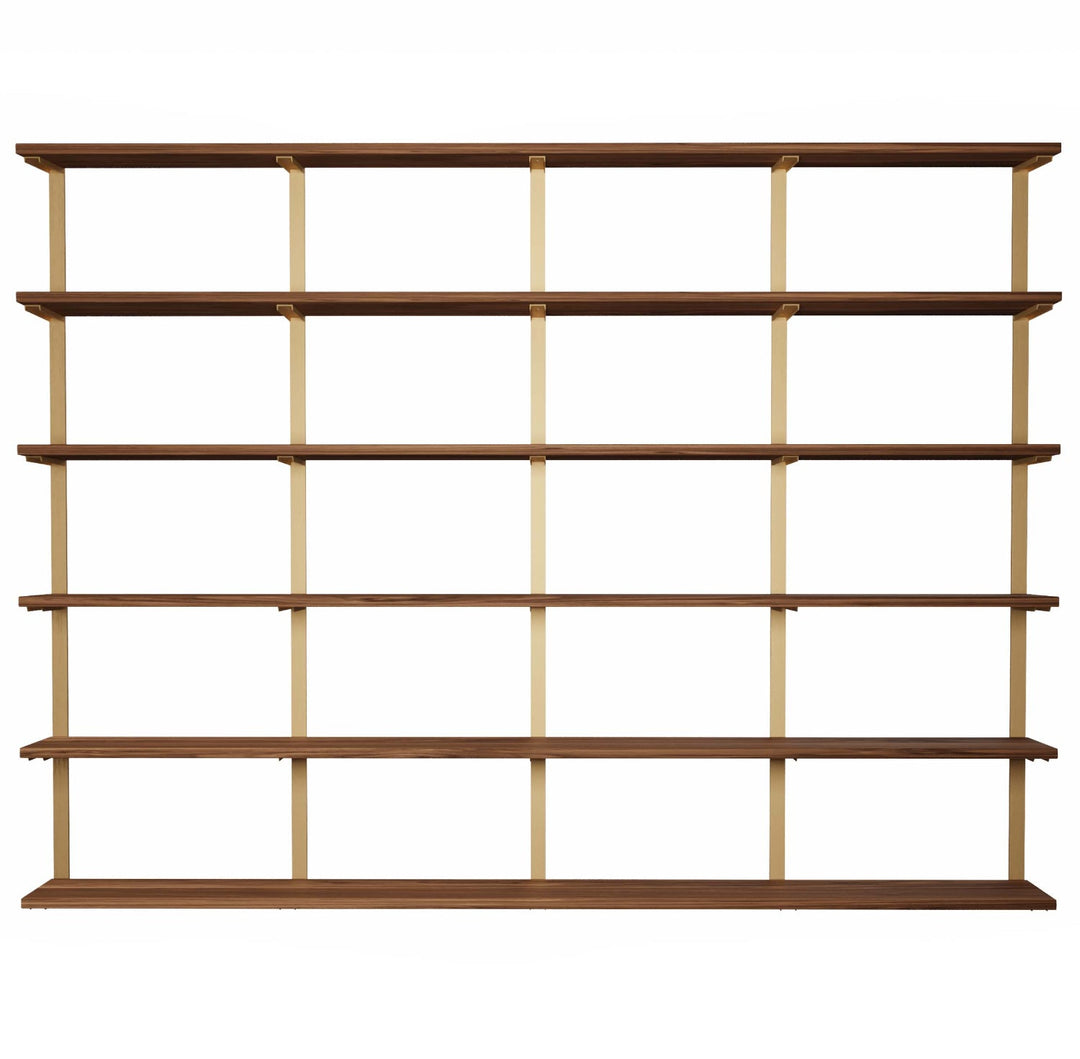 Black walnut and brass wall mounted bookshelf. Custom shelving on white background 8ft long by 6ft high