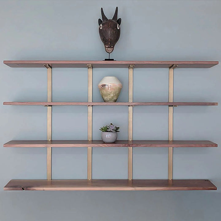 black walnut solid hardwood wall mounted shelves with brass steel brackets, and 4 floating minimal shelves