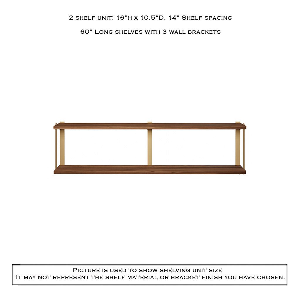 2 tier wood shelving unit black walnut brass bookend brackets by Vault Furniture. 60"x16"