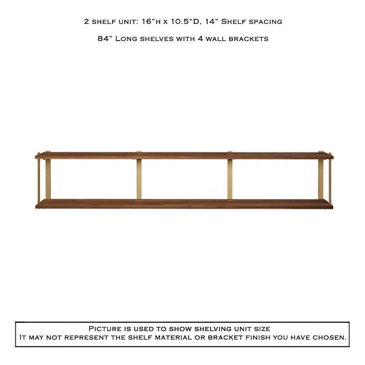 2 tier wood shelving unit black walnut brass bookend brackets by Vault Furniture. 84"x16"
