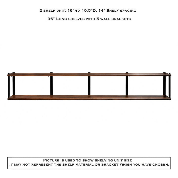 2 tier wood shelving unit black walnut black bookend brackets by Vault Furniture. 96"x16"