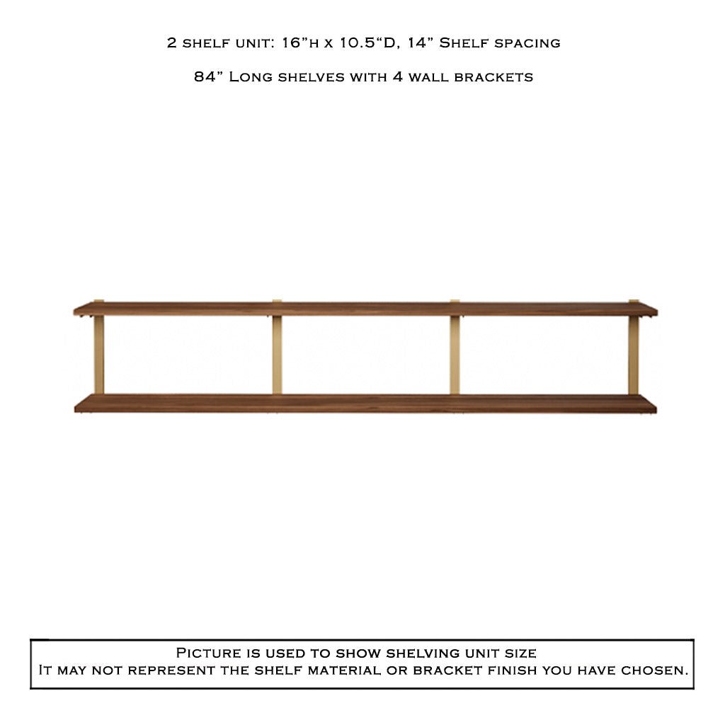 2 tier shelving unit in black walnut with brass shelf brackets by Vault Furniture. 84"x16"