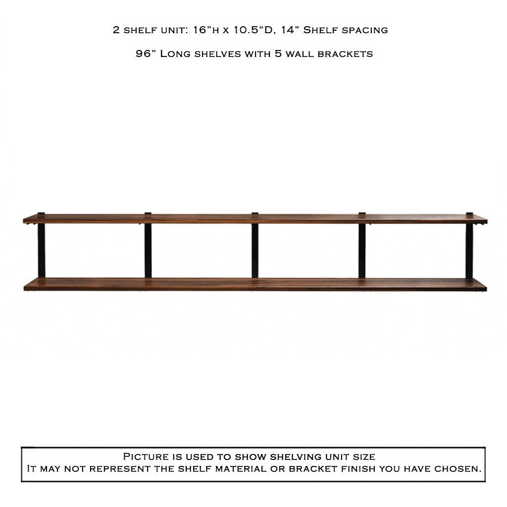 2 tier shelving unit in black walnut with black shelf brackets by Vault Furniture. 96"x16"