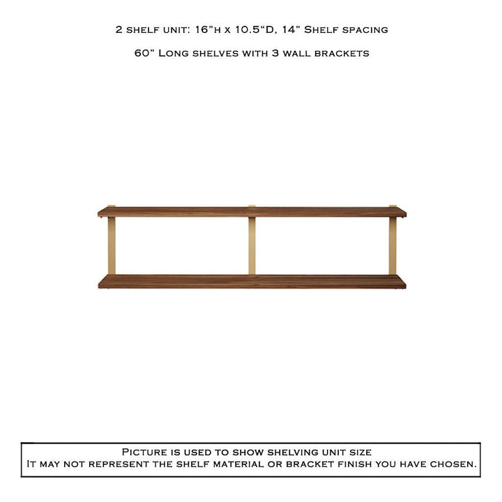 2 tier wood shelves in black walnut with brass shelf brackets by Vault Furniture. 60"x16"
