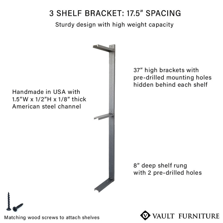 3 shelf bracket handmade in USA with solid steel. 37"H with Clear finish by Vault Furniture