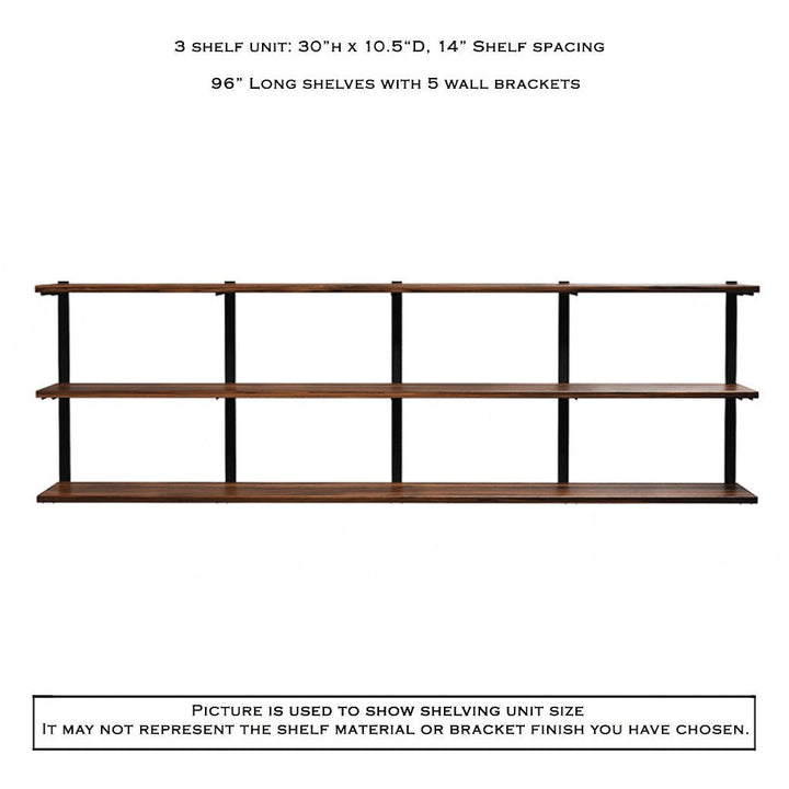 3 tier wall shelving black walnut black brackets by Vault Furniture. 96"x30"
