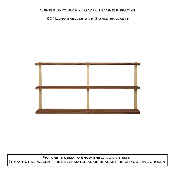 3 tier wood wall shelving black walnut brass brackets by Vault Furniture. 60"x30"