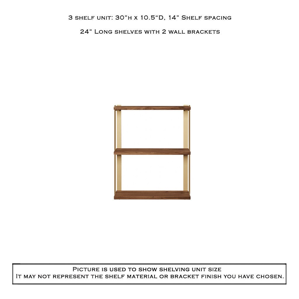 3 tier bookshelf in walnut and brass by Vault Furniture. 24"x30"