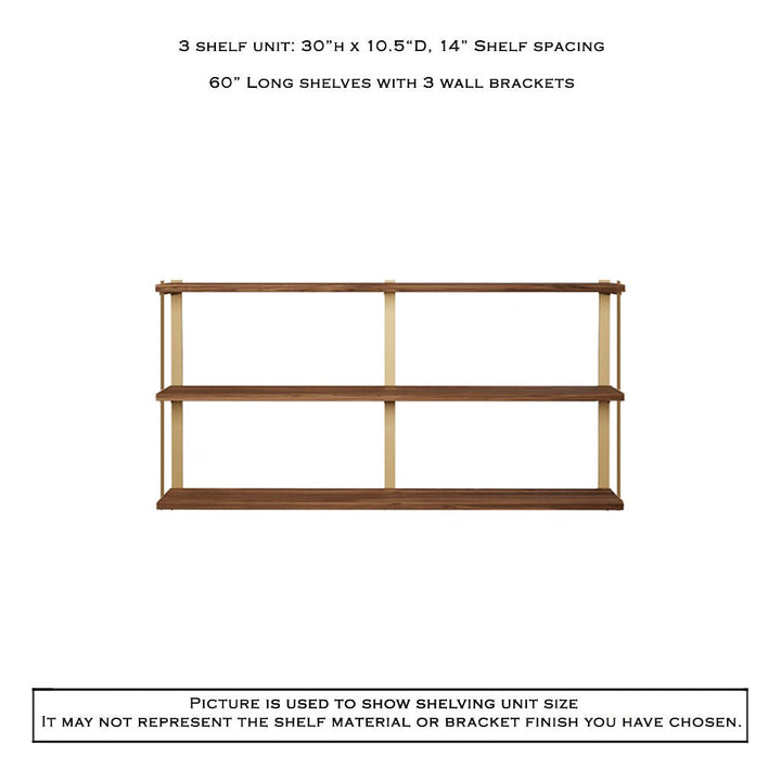 3 tier bookshelf in walnut and brass by Vault Furniture. 60"x30"