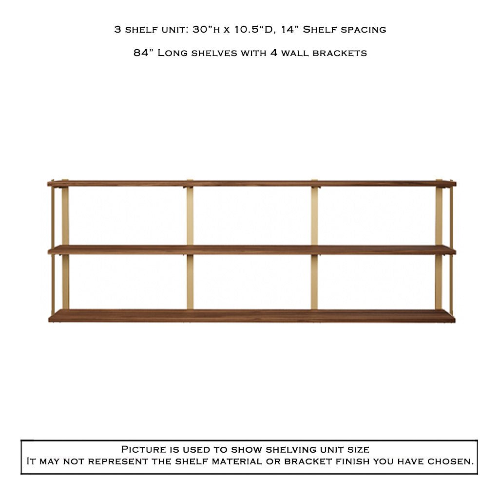 3 tier bookshelf in walnut and brass by Vault Furniture. 84"x30"