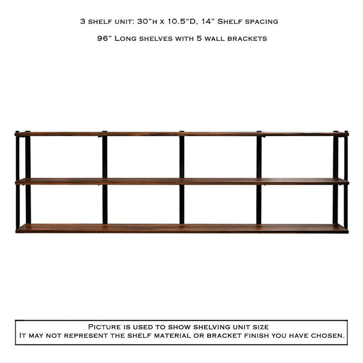 3 tier bookshelf in walnut and black brackets by Vault Furniture. 96"x30"