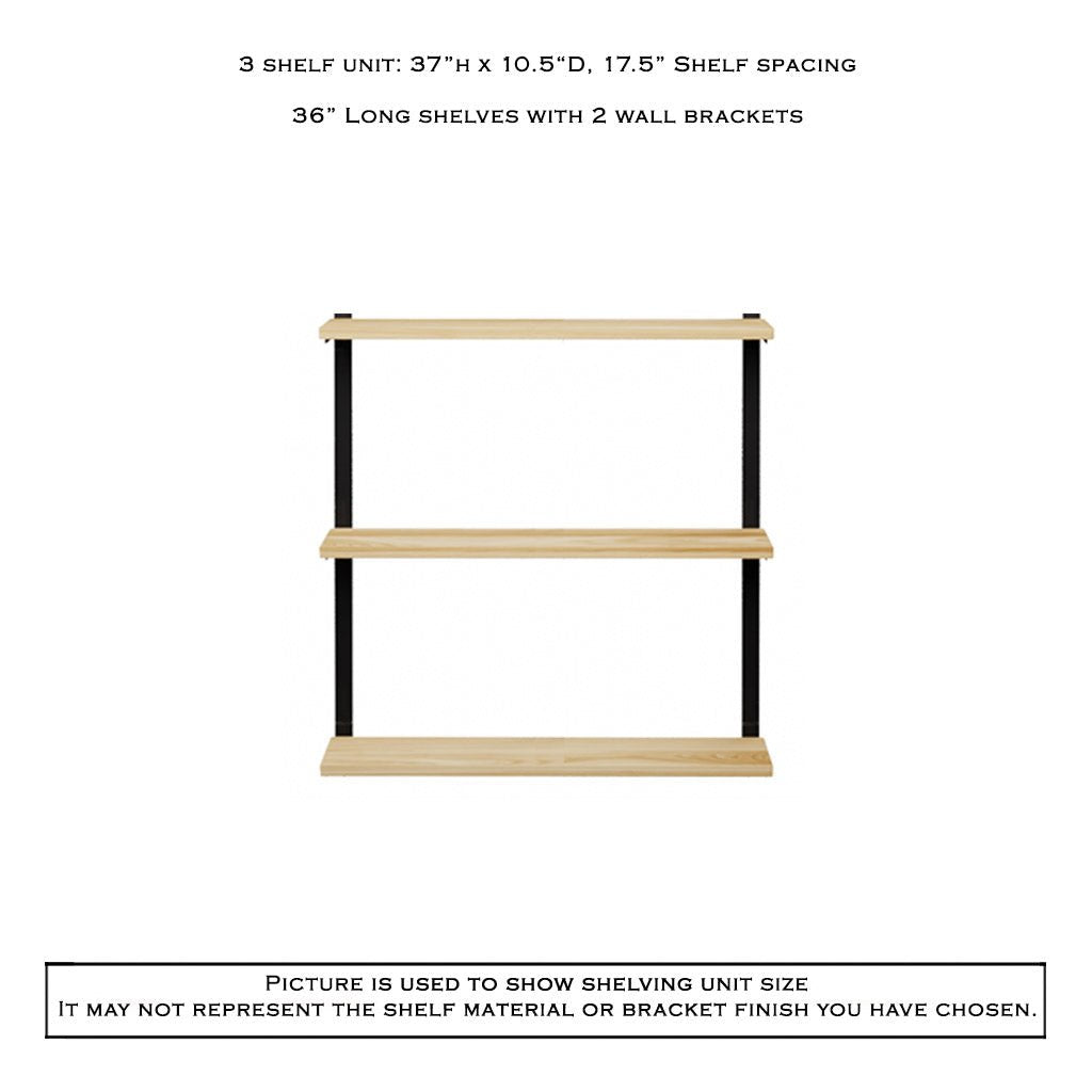 3 tier wood shelves with heavy duty shelf brackets by Vault Furniture. 36"x37